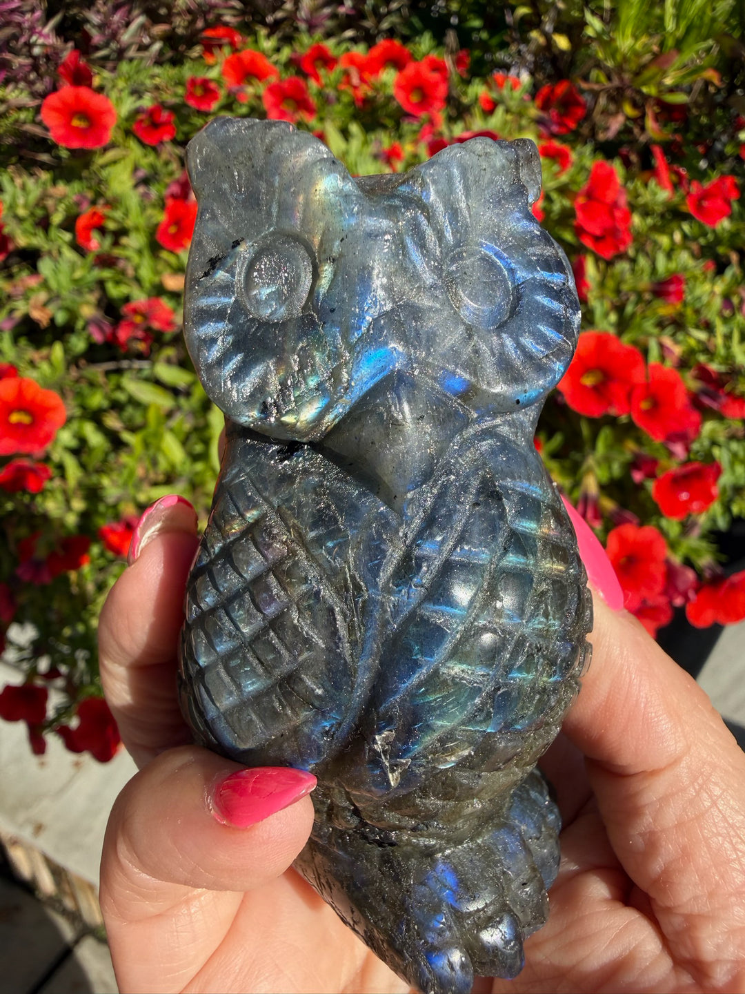 Blue Flash Labradorite Owl Carving from Madagascar
