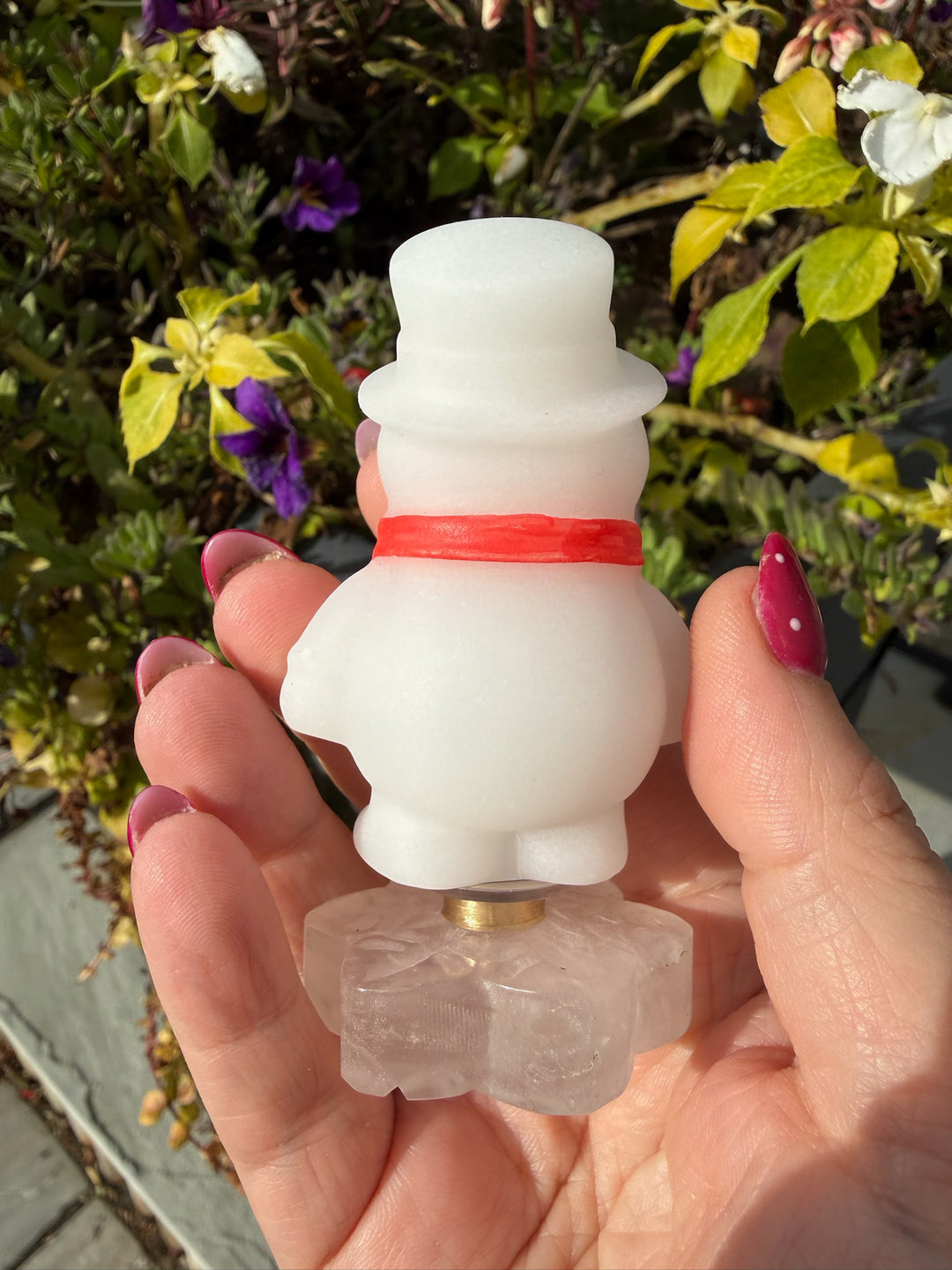 Spinning White Jade Snowman on a Quartz Snowflake