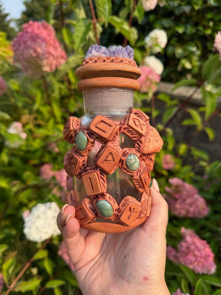 Special Odin Rune Spell Jar embellished with Amethyst and Agate Cabochons