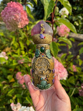 Load image into Gallery viewer, Glass Bottle with Fluorite Stopper Embellished with Clay and Aventurine Cabochons
