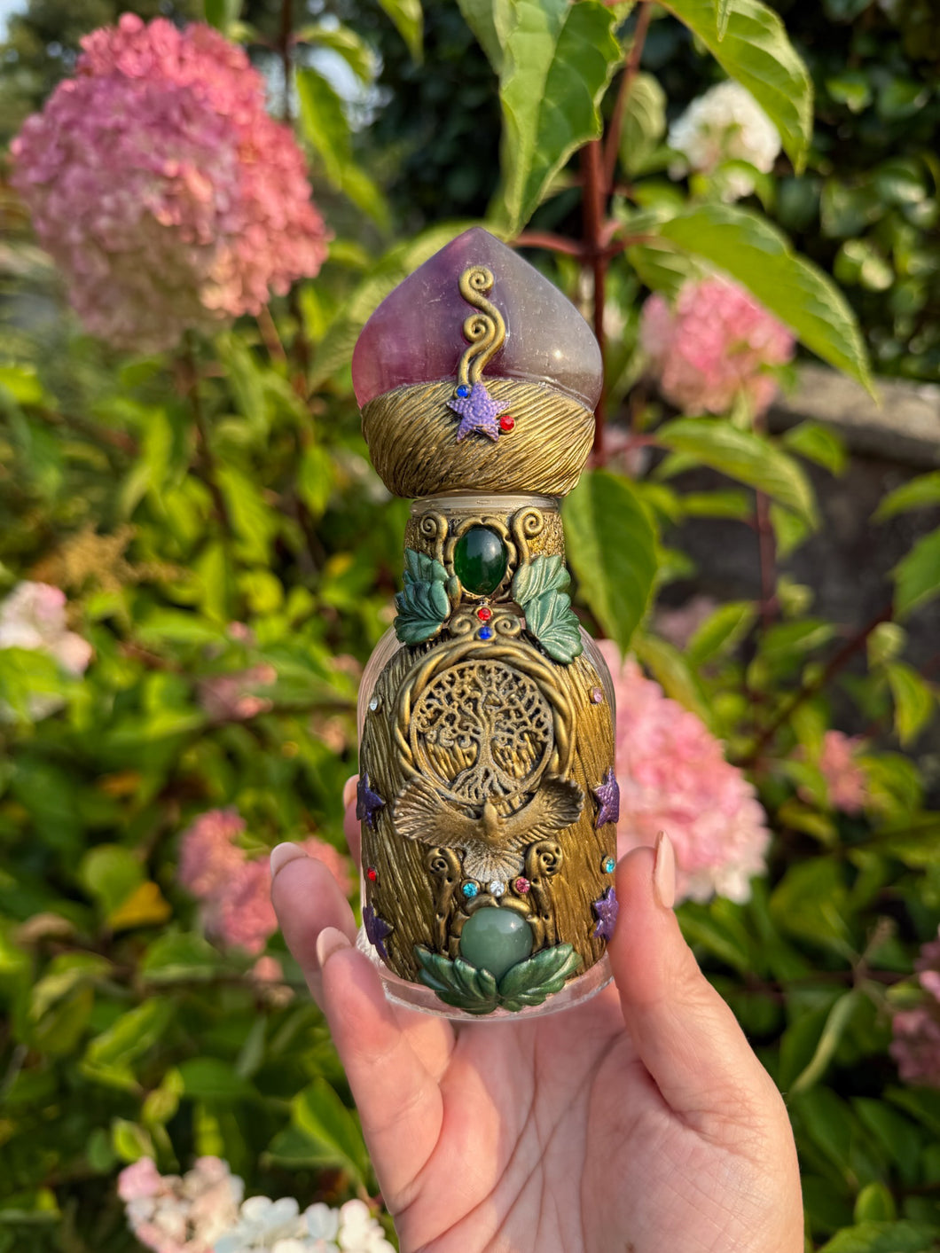 Glass Bottle with Fluorite Stopper Embellished with Clay and Aventurine Cabochons