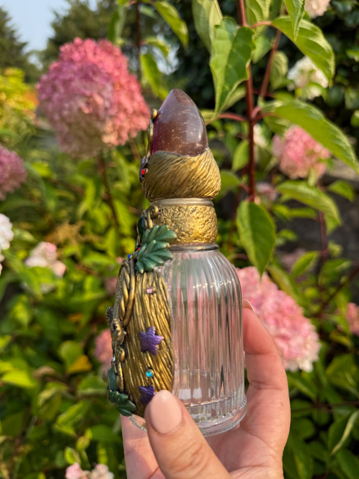 Glass Bottle with Fluorite Stopper Embellished with Clay and Aventurine Cabochons