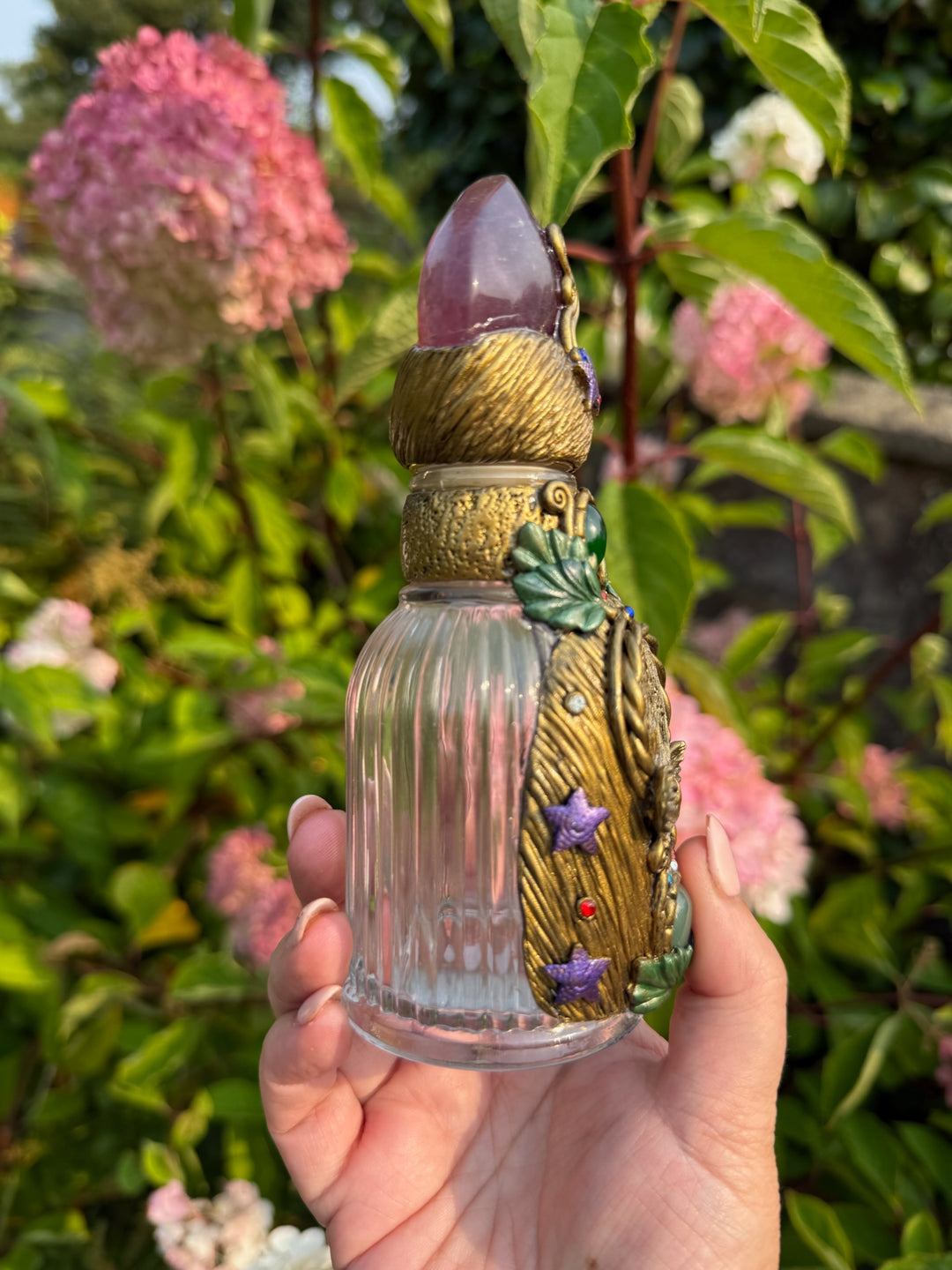 Glass Bottle with Fluorite Stopper Embellished with Clay and Aventurine Cabochons