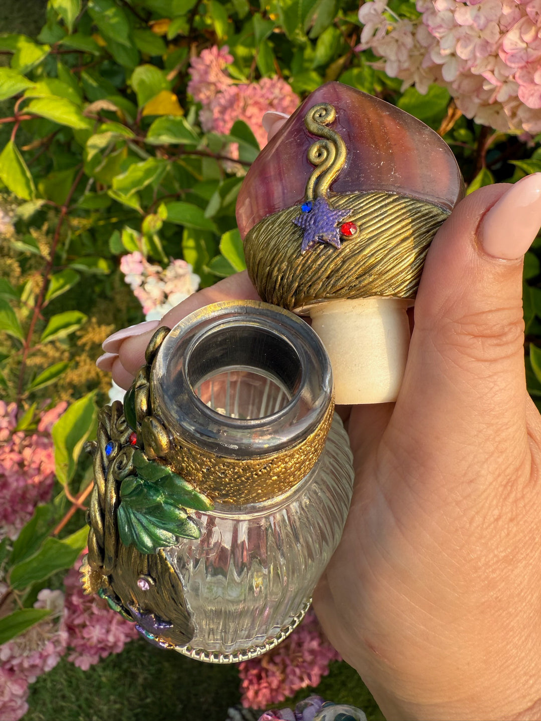 Glass Bottle with Fluorite Stopper Embellished with Clay and Aventurine Cabochons