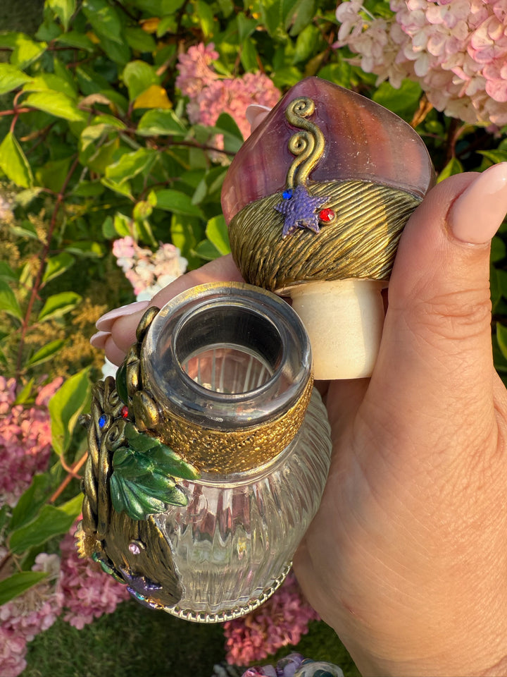 Glass Bottle with Fluorite Stopper Embellished with Clay and Aventurine Cabochons