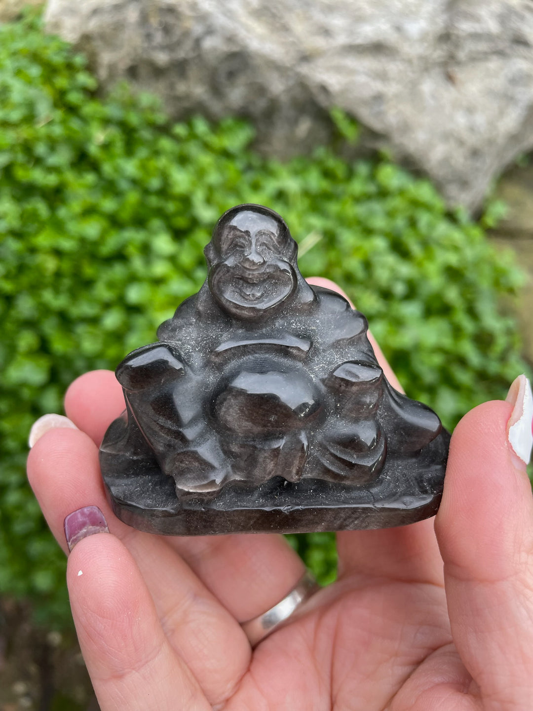 Silver Sheen Obsidian Laughing Buddha Carving
