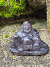 Load image into Gallery viewer, Silver Sheen Obsidian Laughing Buddha Carving
