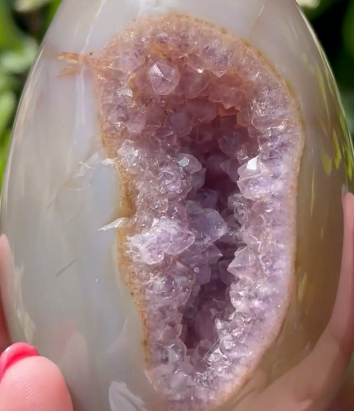 Amethyst in Agate Crystal Egg – Large Polished Brazilian Gemstone Carving