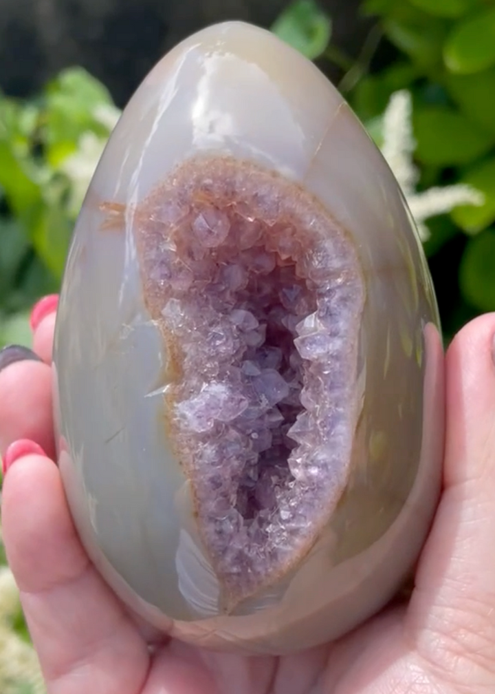 Amethyst in Agate Crystal Egg – Large Polished Brazilian Gemstone Carving