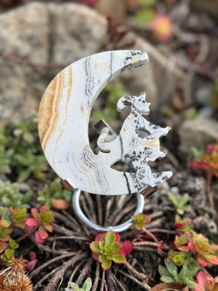 Dendritic Calcite Witch in a Moon Carving with Stand