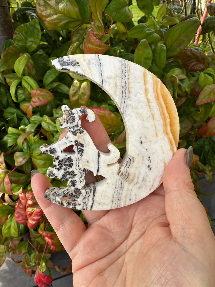 Dendritic Calcite Witch in a Moon Carving with Stand