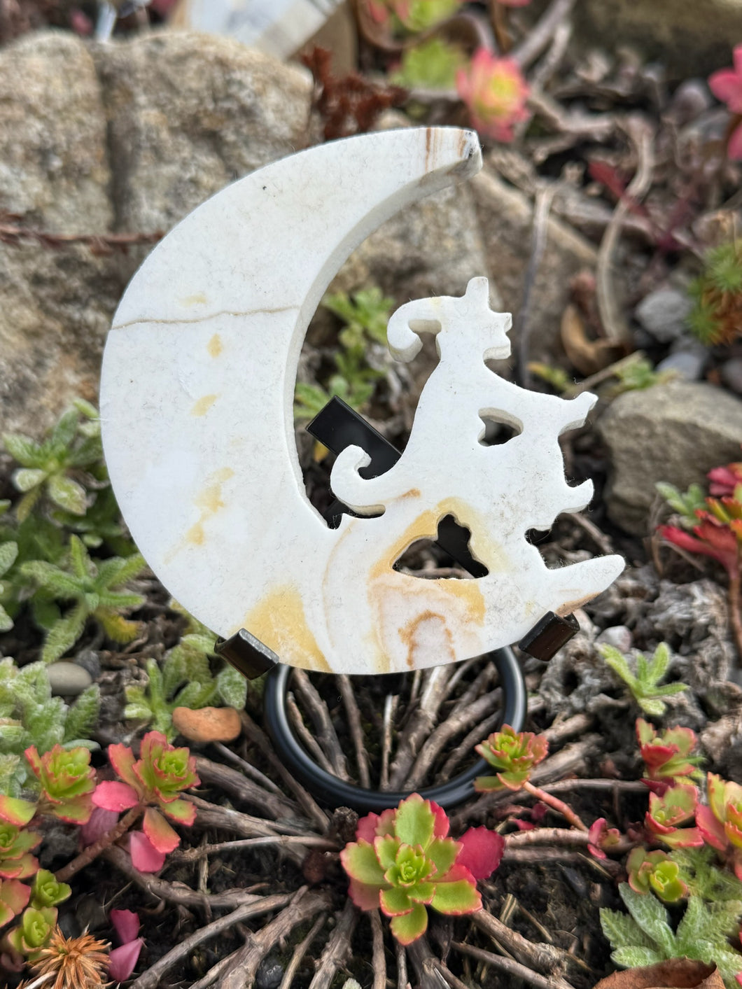 Dendritic Calcite Witch in a Moon Carving