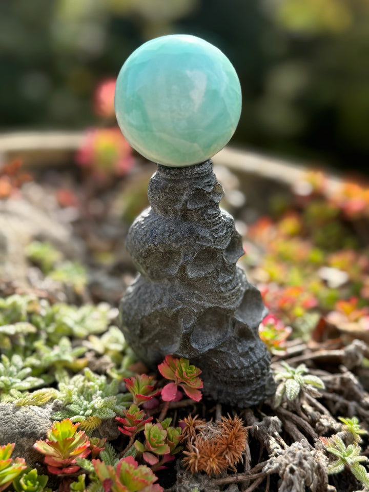Triple Skull Obsidian Sphere Stand