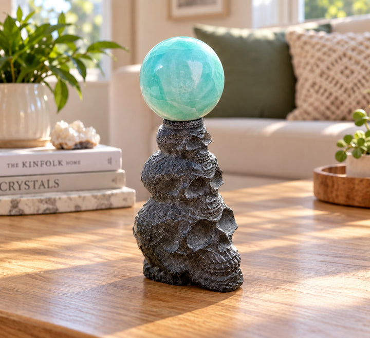 Triple Skull Obsidian Sphere Stand