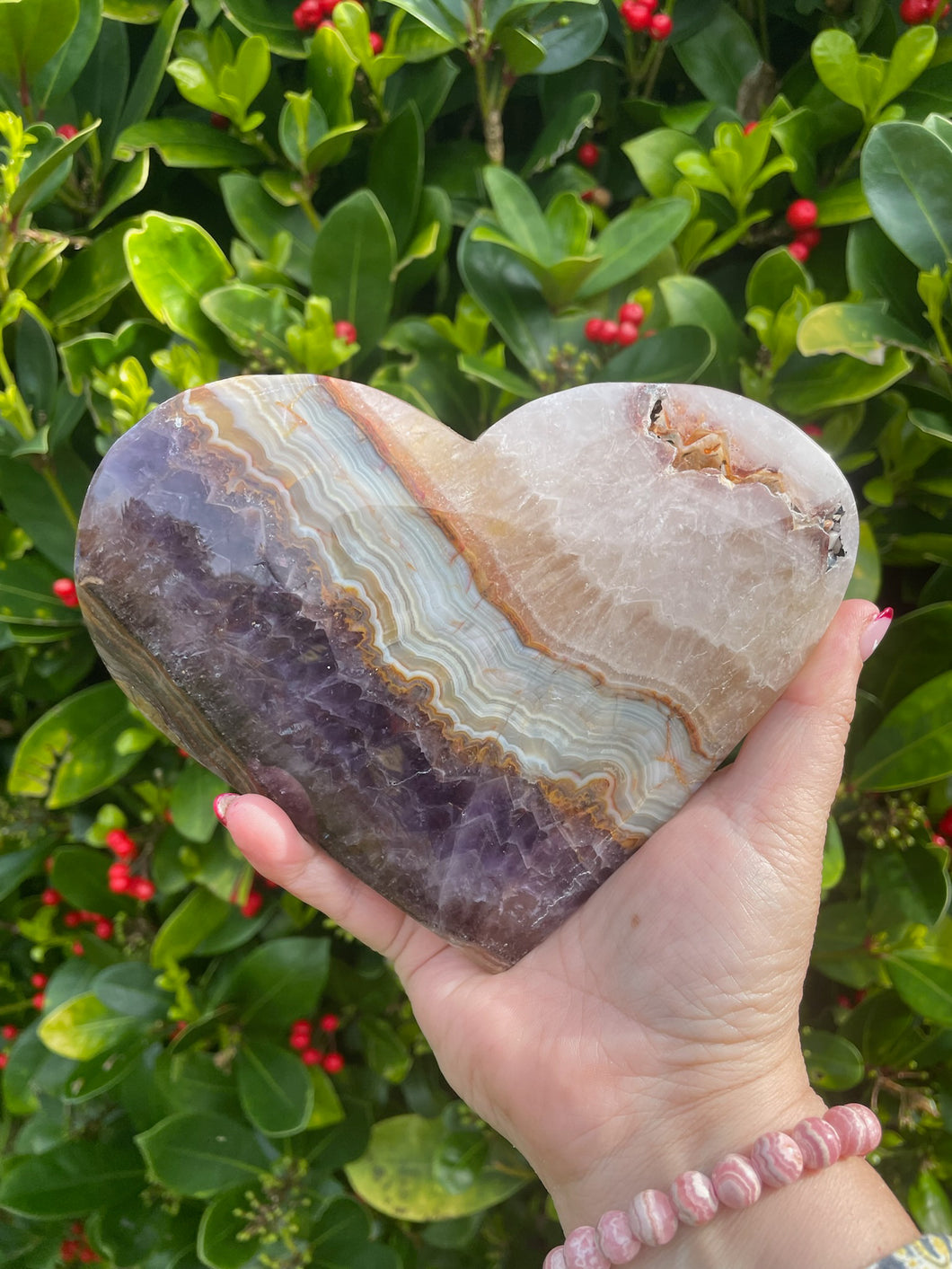 Amethyst and Crazy Lace Agate Heart with Stand