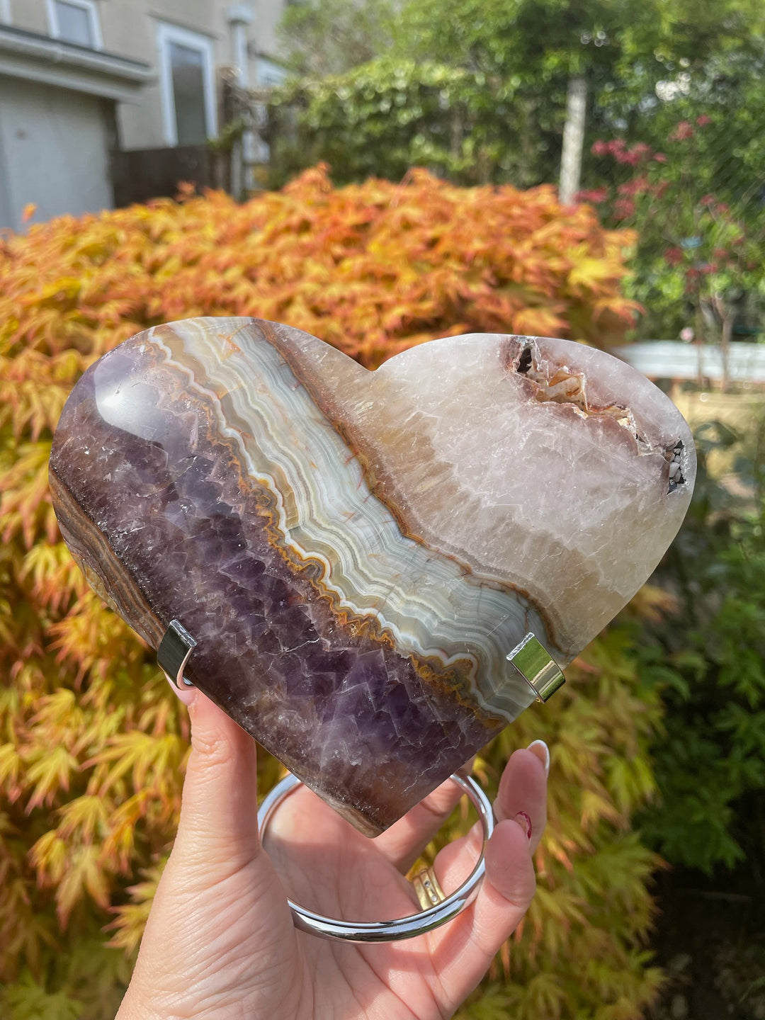 Amethyst and Crazy Lace Agate Heart with Stand