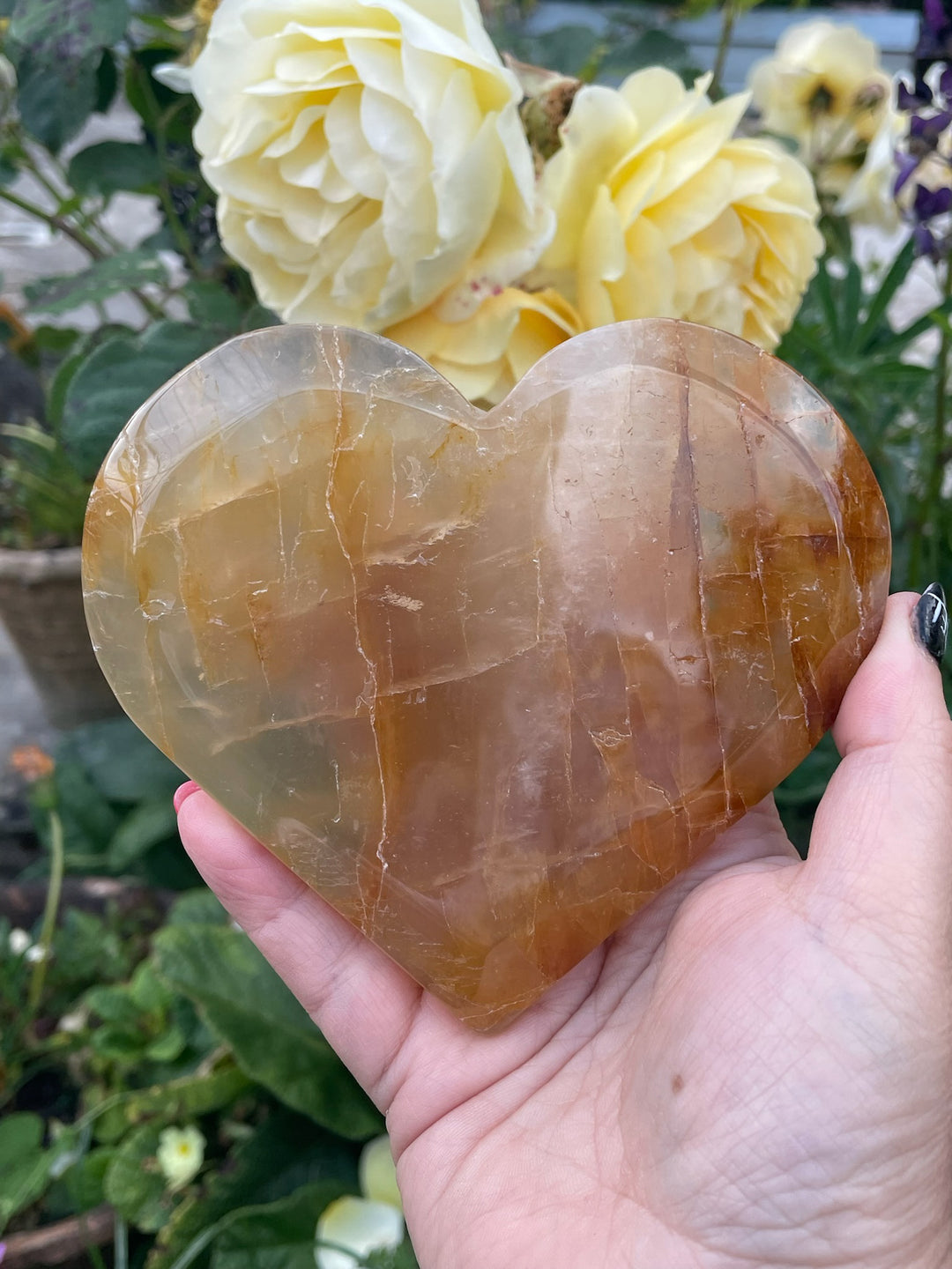 Large Golden Healer Quartz Heart Carving with Stand