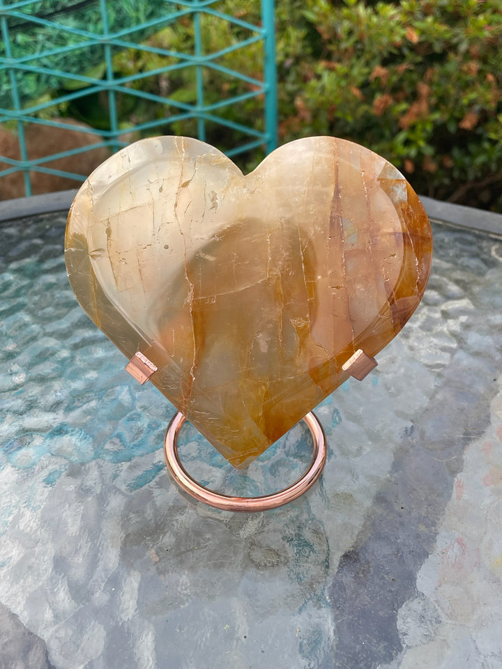 Large Golden Healer Quartz Heart Carving with Stand