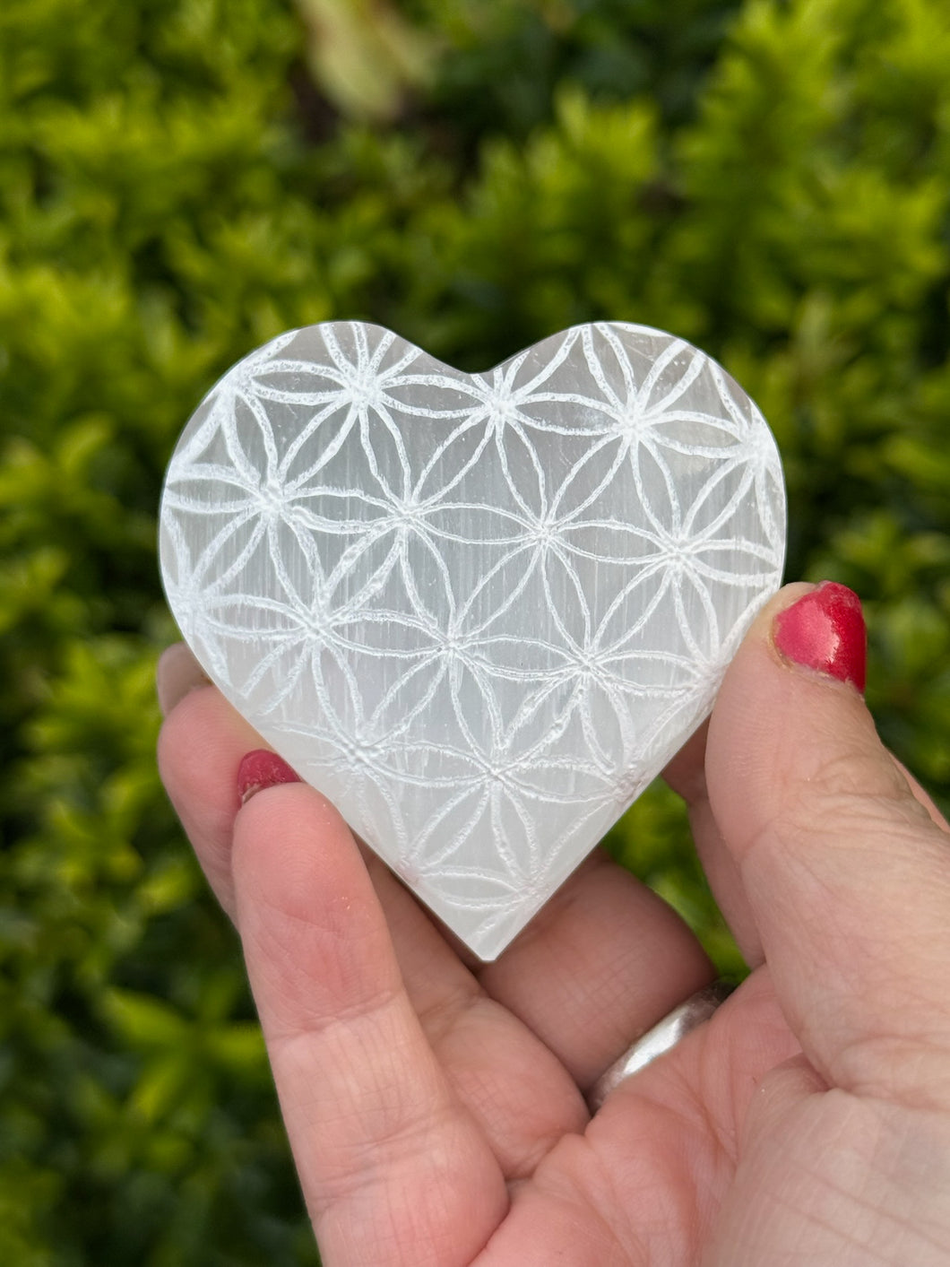 Etched Flower of Life Selenite Heart Carving