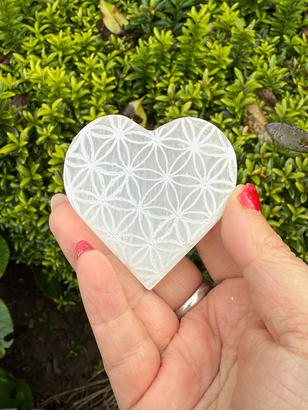 Etched Flower of Life Selenite Heart Carving