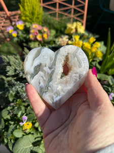 Druzy Moss Agate Heart Carving with Stand