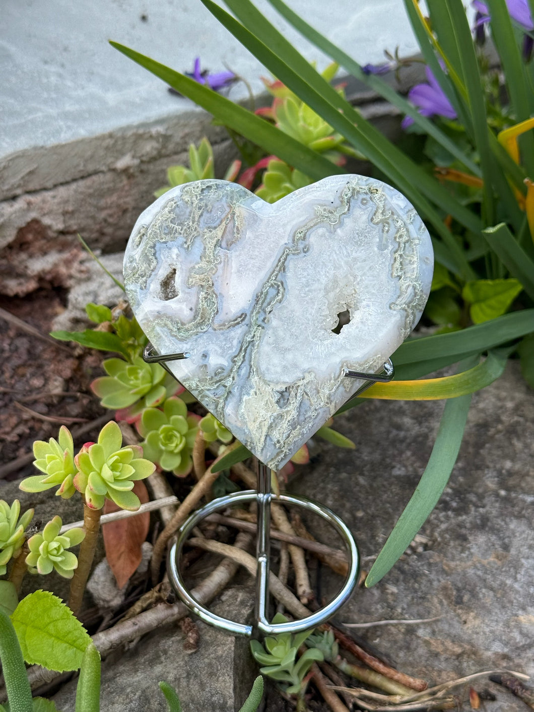 Druzy Moss Agate Heart Carving