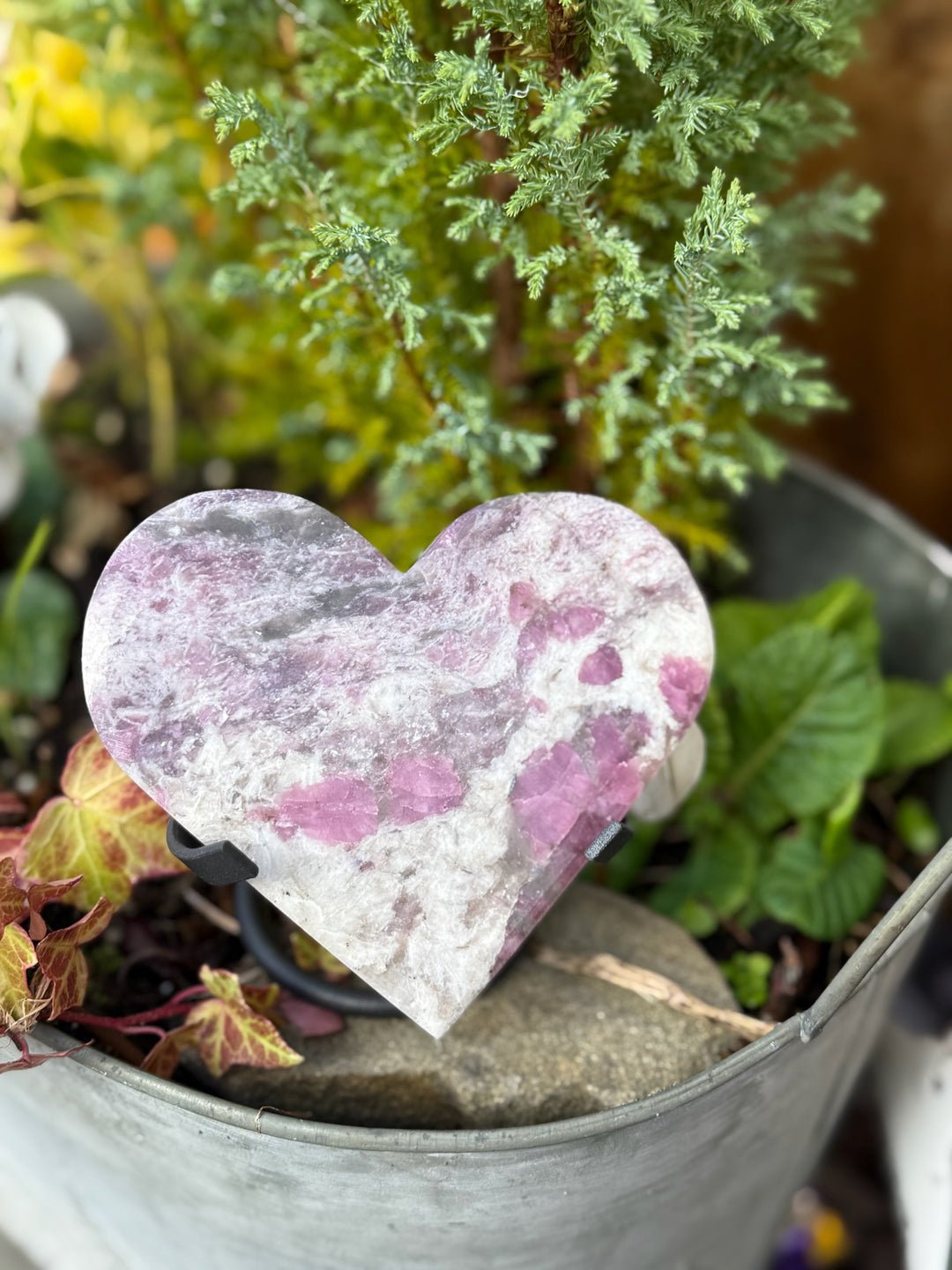 Large Tourmaline in Albite Heart Carving with Stand