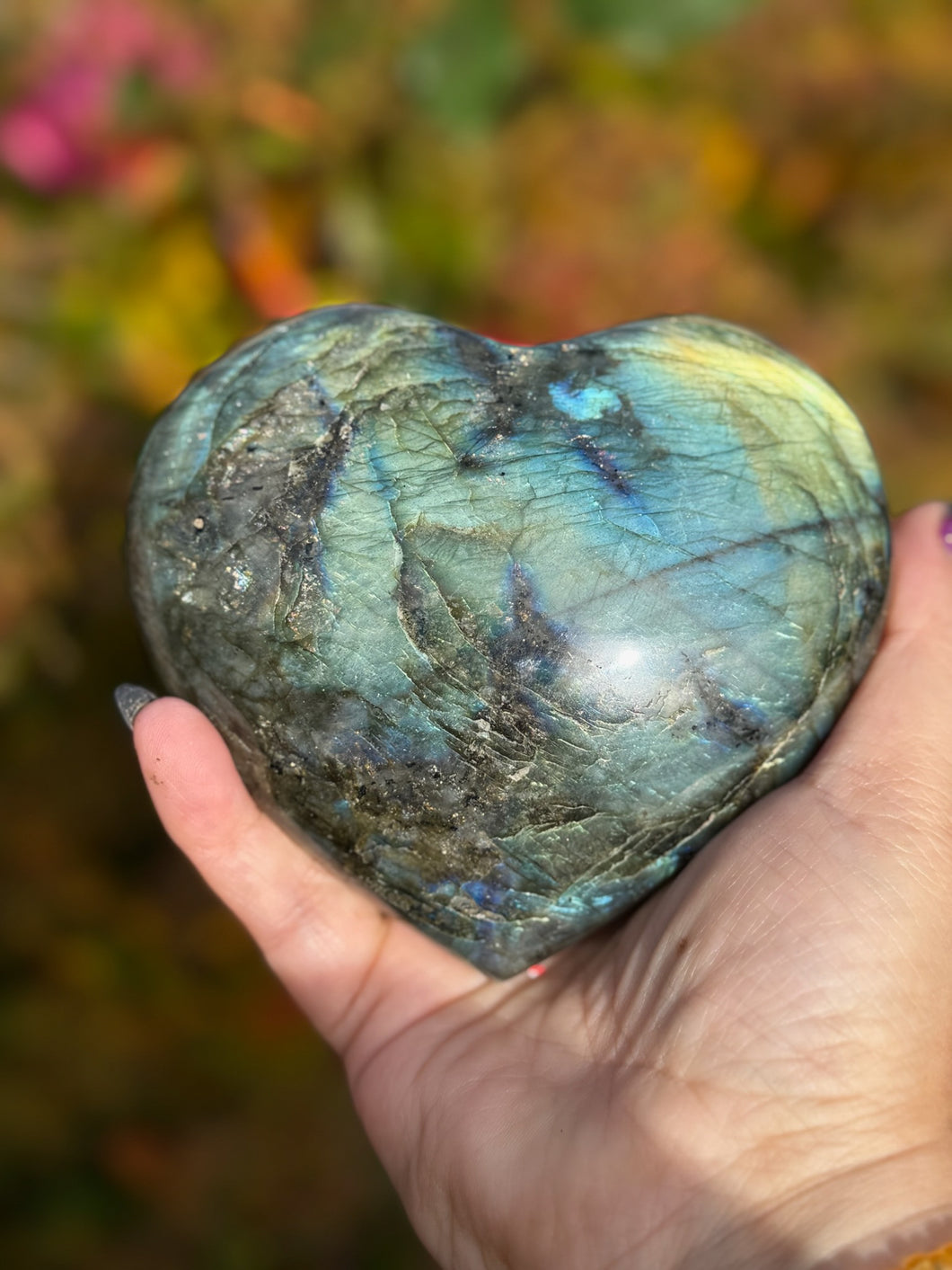 Large Blue Flash Labradorite Heart with Stand Carving