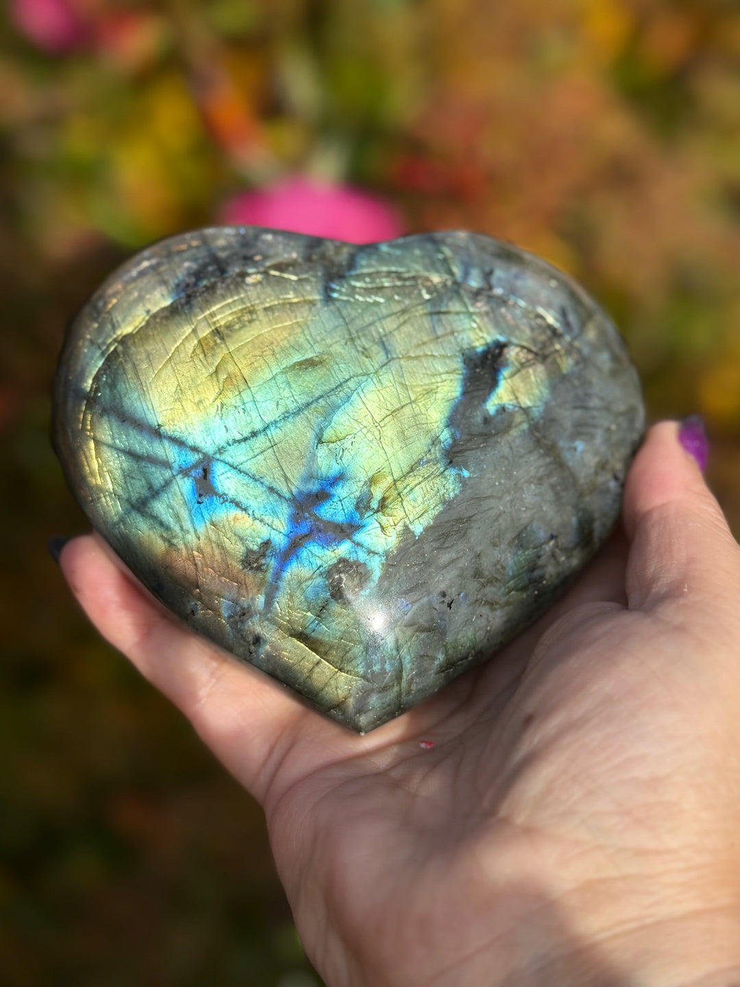 Large Blue Flash Labradorite Heart with Stand Carving