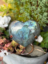 Load image into Gallery viewer, Large Blue Flash Labradorite Heart with Stand Carving
