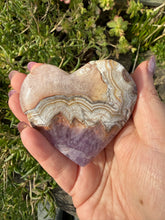 Load image into Gallery viewer, Crazy Lace Agate and Amethyst Heart Carving
