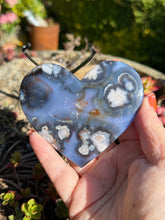 Load image into Gallery viewer, Blue Flower Agate Heart Carving with Custom Stand
