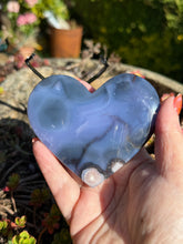 Load image into Gallery viewer, Blue Flower Agate Heart Carving with Custom Stand
