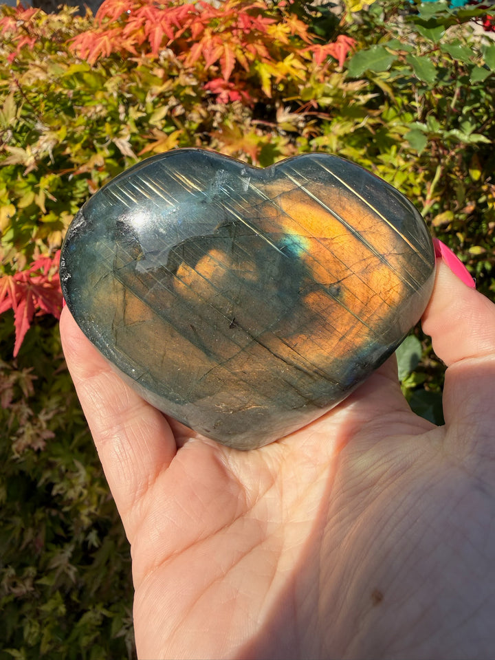 Gold Flash Labradorite Heart Carving with Stand