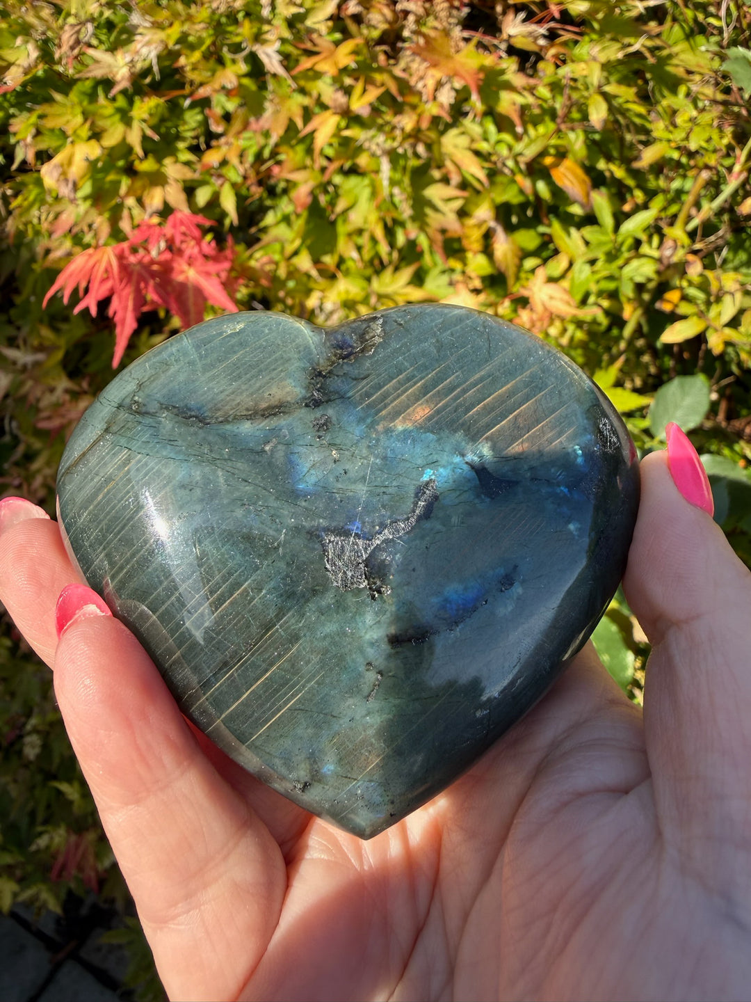 Gold Flash Labradorite Heart Carving with Stand