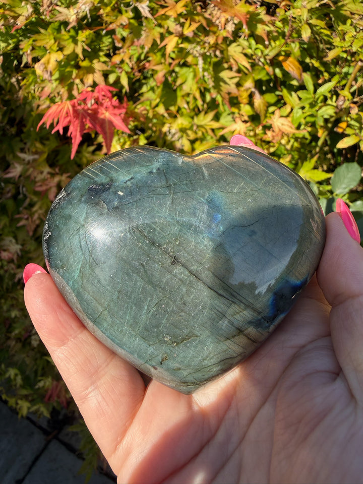 Gold Flash Labradorite Heart Carving with Stand