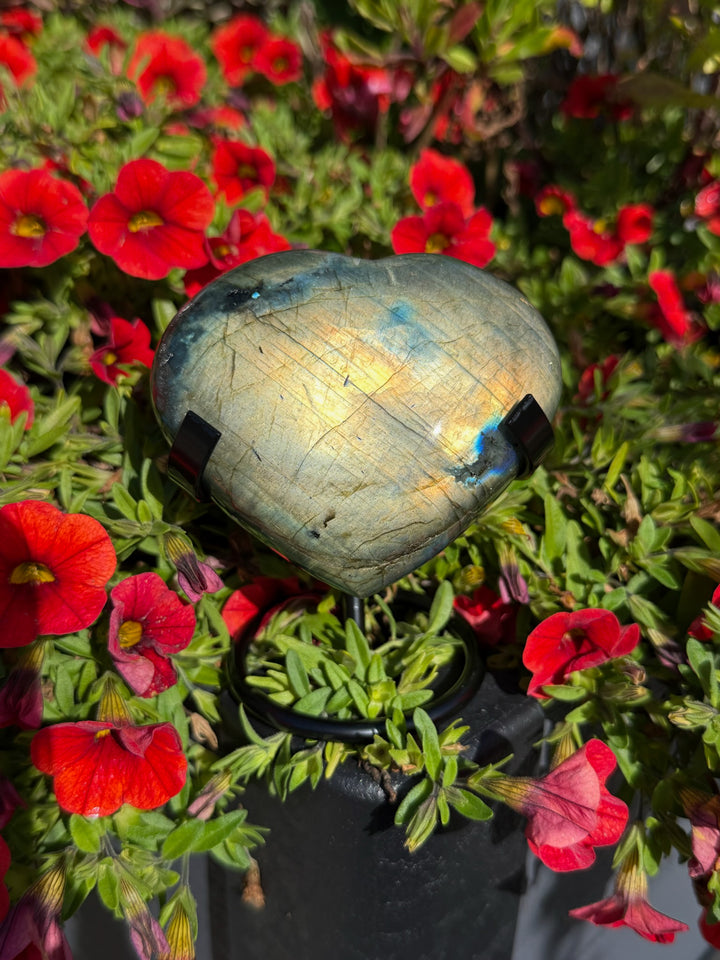 Gold Flash Labradorite Heart Carving with Stand