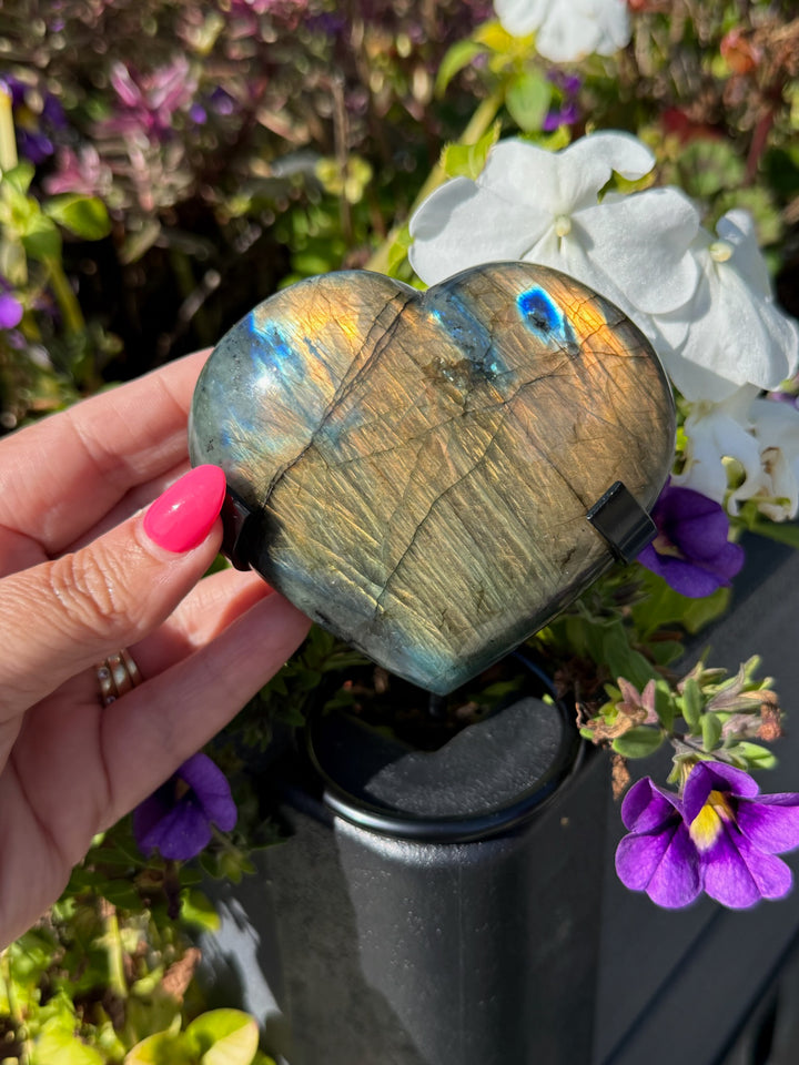 Gold Flash Labradorite Heart Carving with Stand