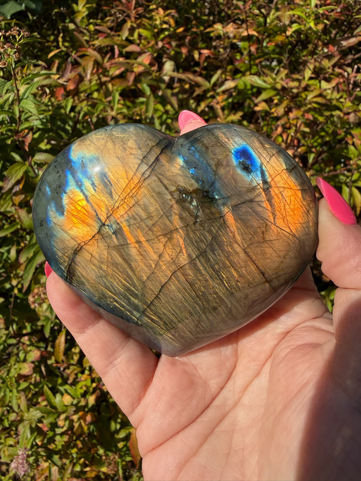 Gold Flash Labradorite Heart Carving with Stand