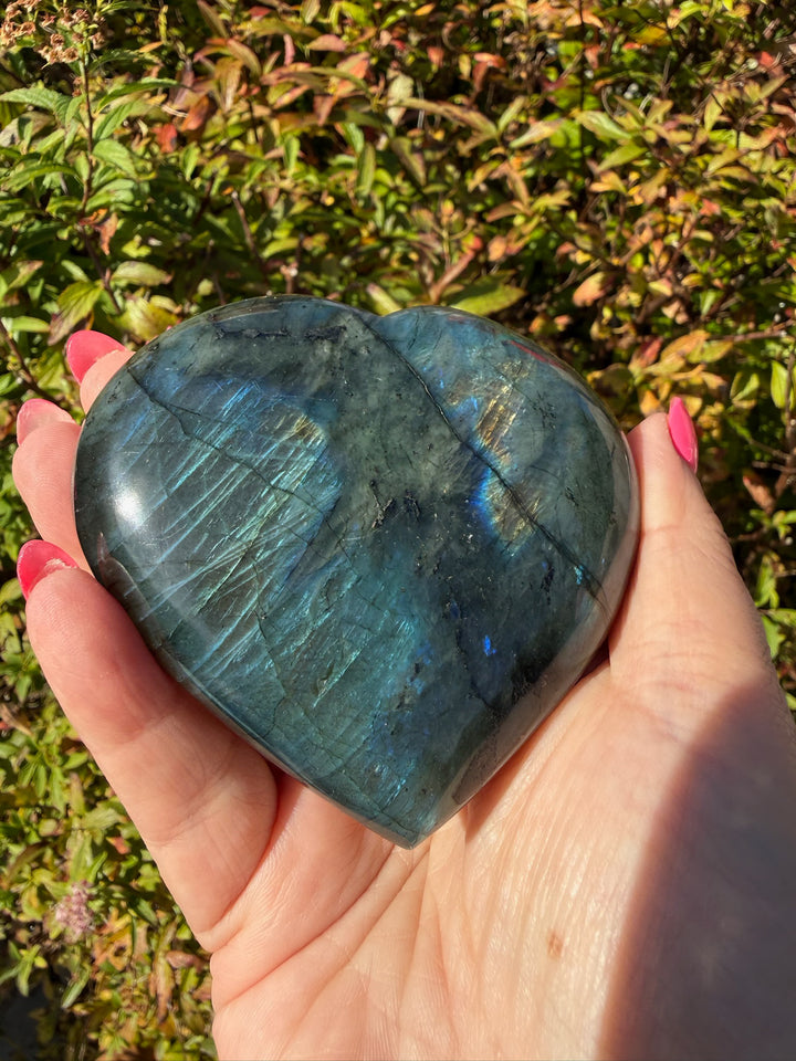 Gold Flash Labradorite Heart Carving with Stand