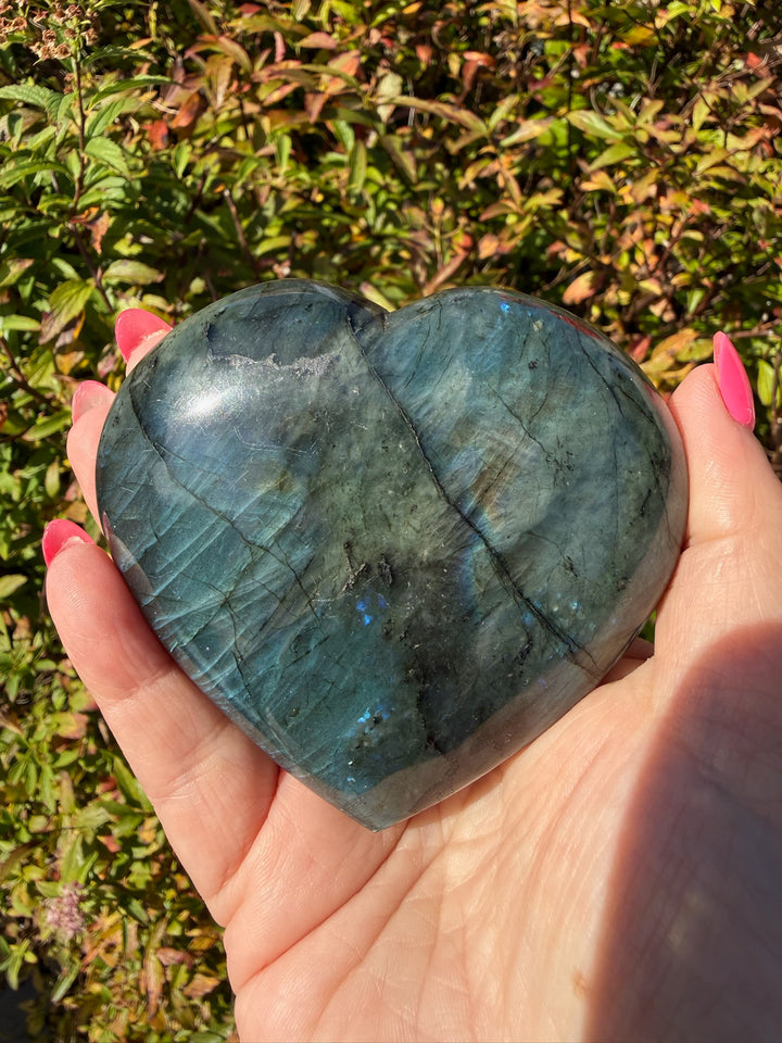 Gold Flash Labradorite Heart Carving with Stand