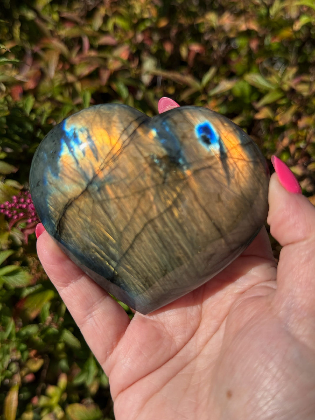 Gold Flash Labradorite Heart Carving with Stand