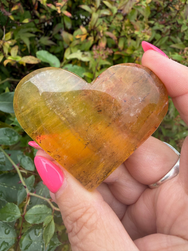 Yellow Fluorite with Dendrities Heart Carving