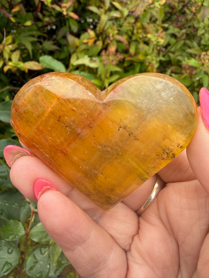 Yellow Fluorite with Dendrities Heart Carving