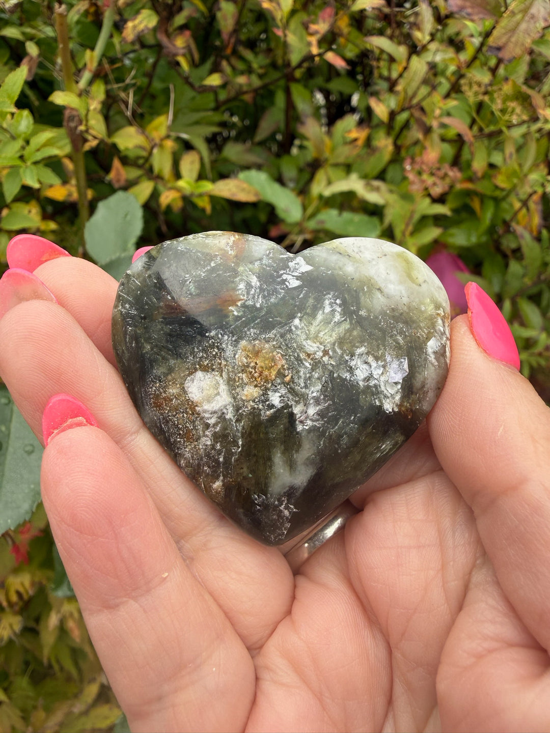 Green Tourmaline and Mica Heart Carving