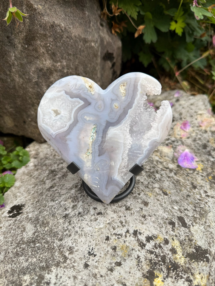 Druzy Moss Agate Heart Carving with Stand