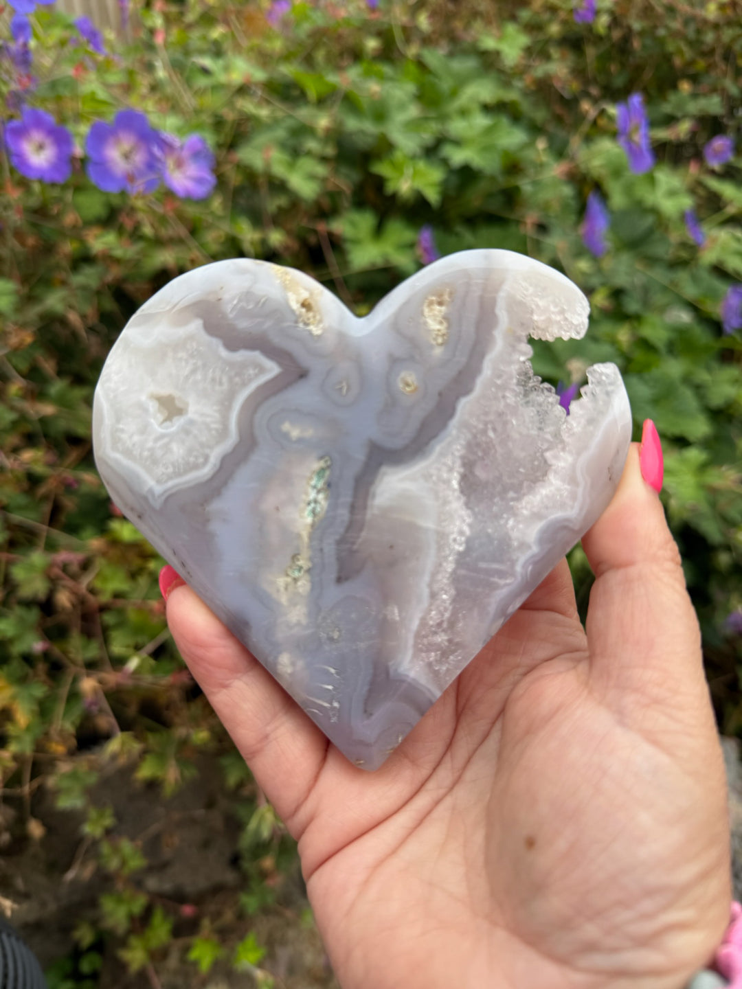 Druzy Moss Agate Heart Carving with Stand