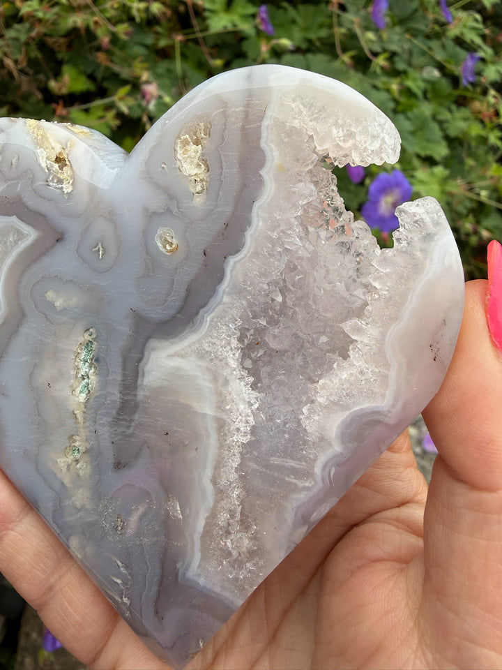 Druzy Moss Agate Heart Carving with Stand