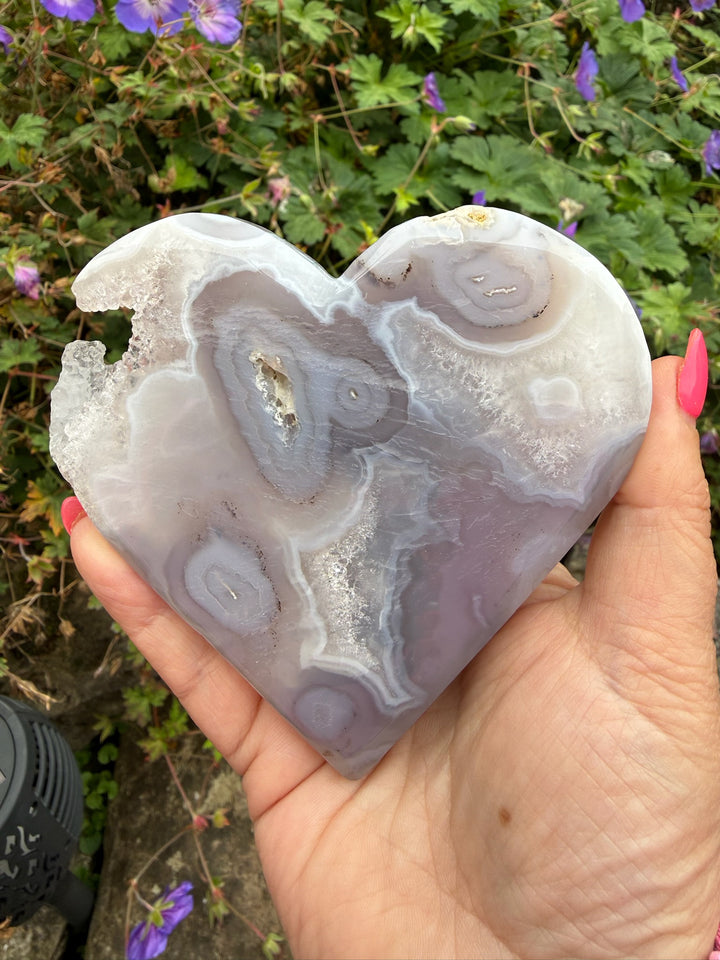 Druzy Moss Agate Heart Carving with Stand