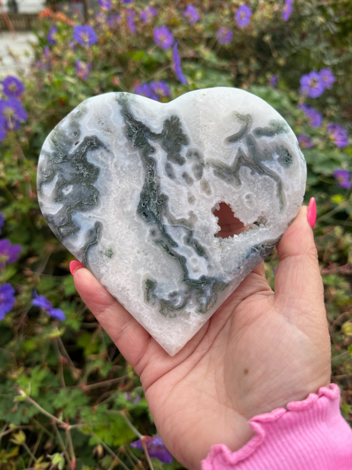 Druzy Moss Agate Heart Carving with Stand